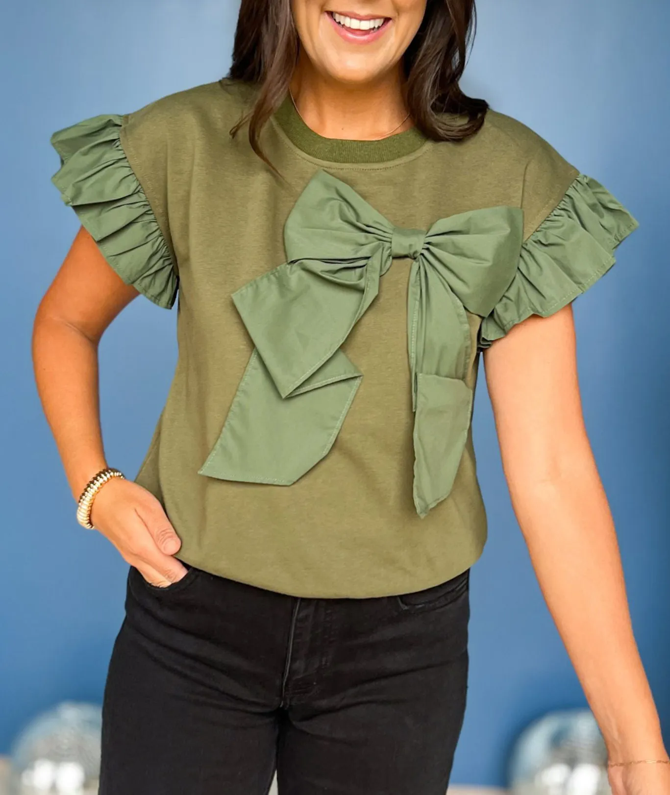 🔥🔥🔥🔥Women's Contrast Ribbon Bow Ruffle Sleeve Top (Buy 2 Free Shipping)