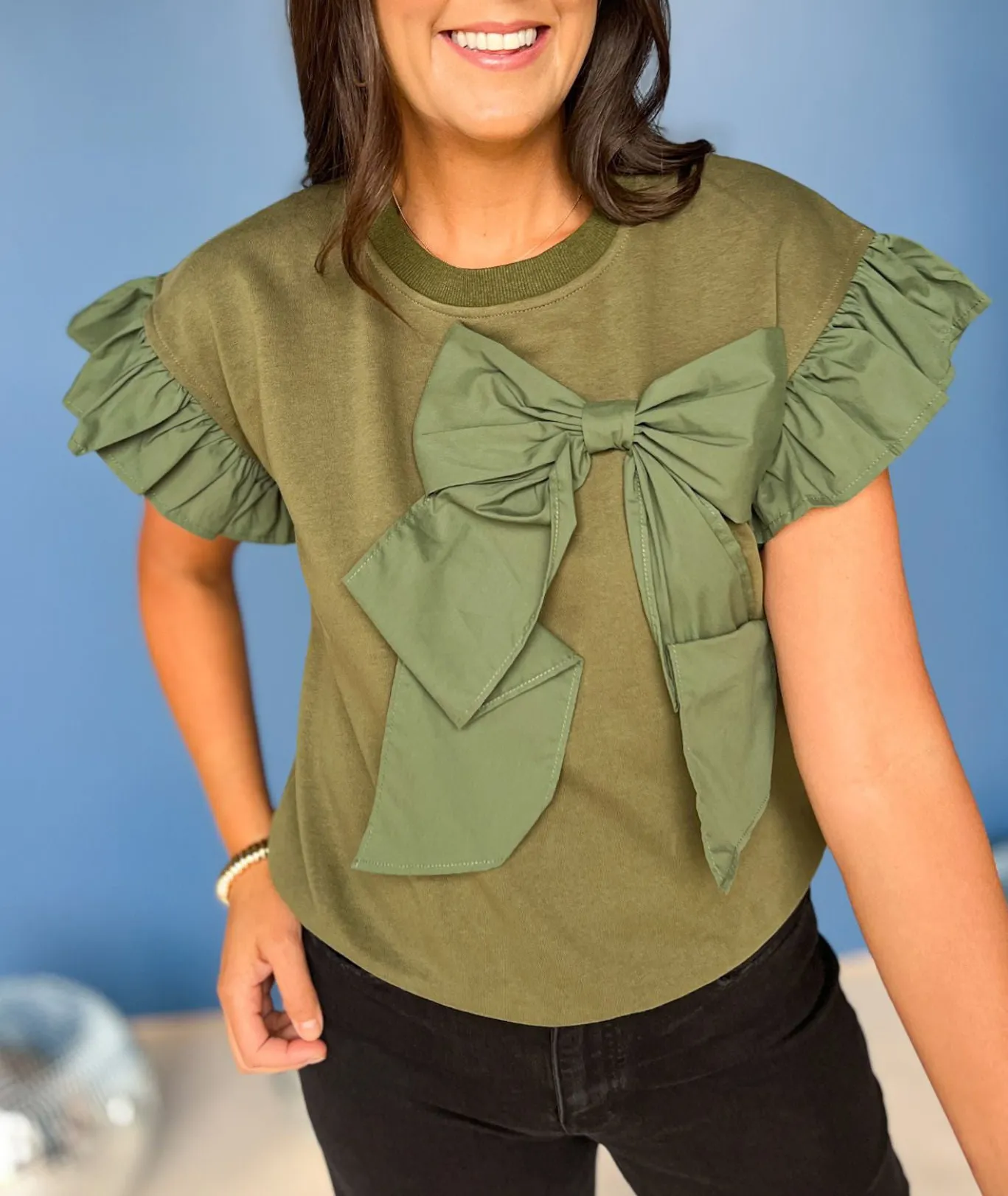 🔥🔥🔥🔥Women's Contrast Ribbon Bow Ruffle Sleeve Top (Buy 2 Free Shipping)