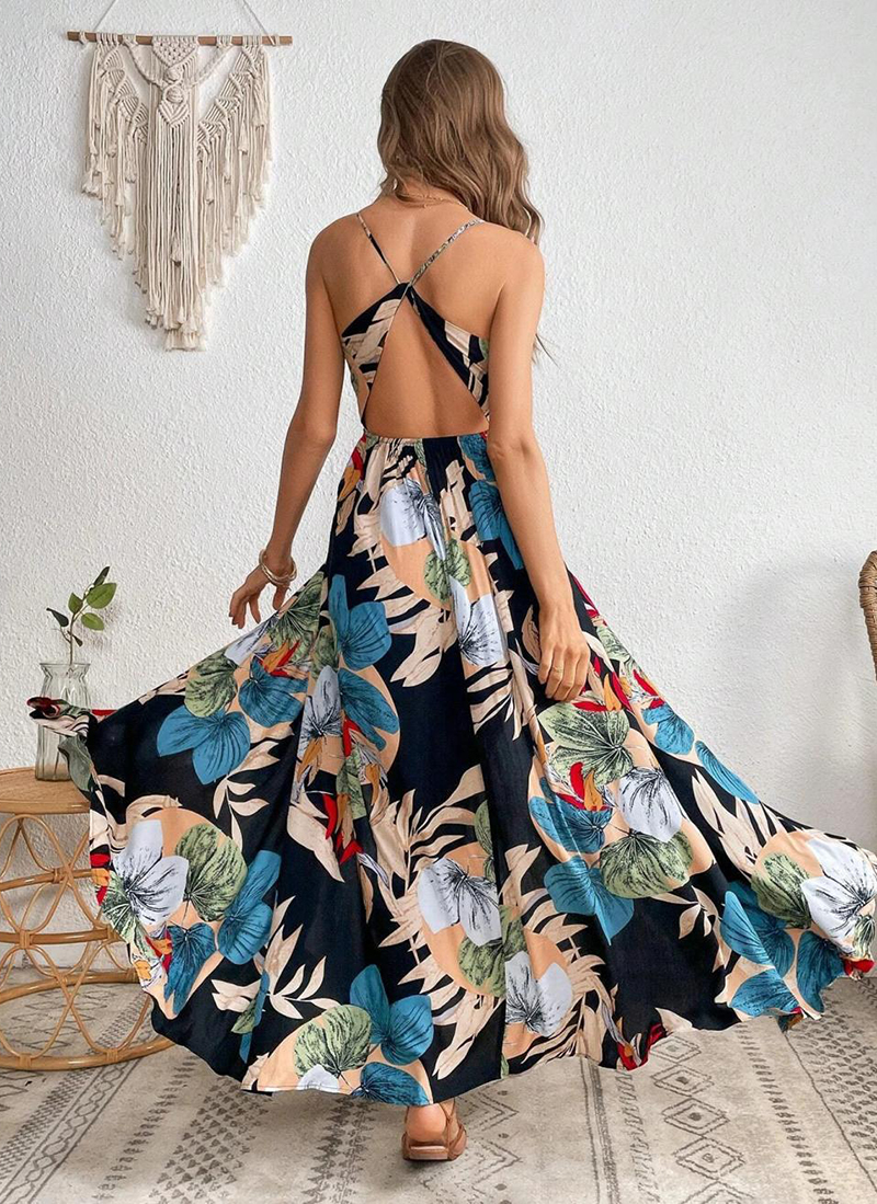 Tropical Print Drawstring Split Thigh Backless Halter Dress（BUY 2 FREE SHIPPING)