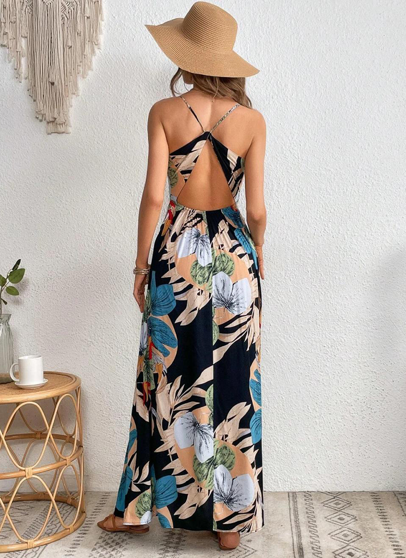 Tropical Print Drawstring Split Thigh Backless Halter Dress（BUY 2 FREE SHIPPING)