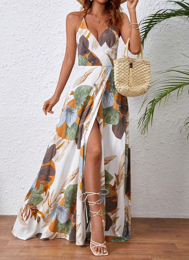 Tropical Print Drawstring Split Thigh Backless Halter Dress（BUY 2 FREE SHIPPING)