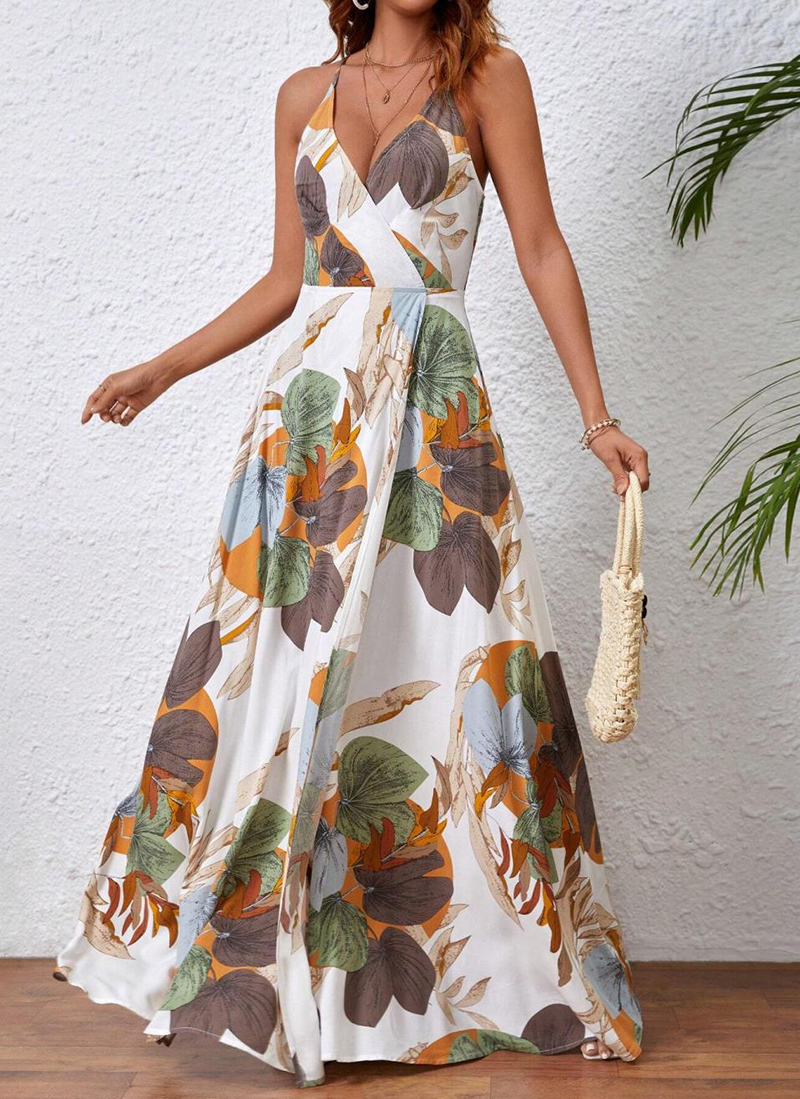 Tropical Print Drawstring Split Thigh Backless Halter Dress（BUY 2 FREE SHIPPING)