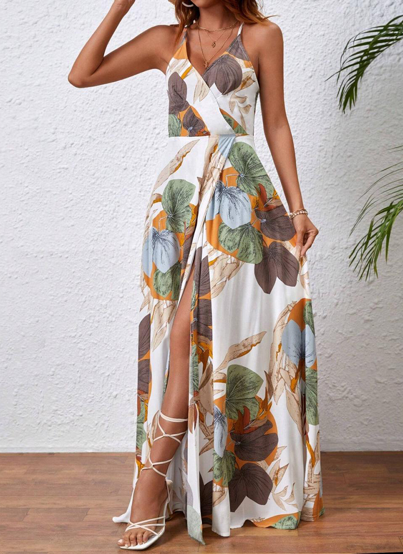 Tropical Print Drawstring Split Thigh Backless Halter Dress（BUY 2 FREE SHIPPING)