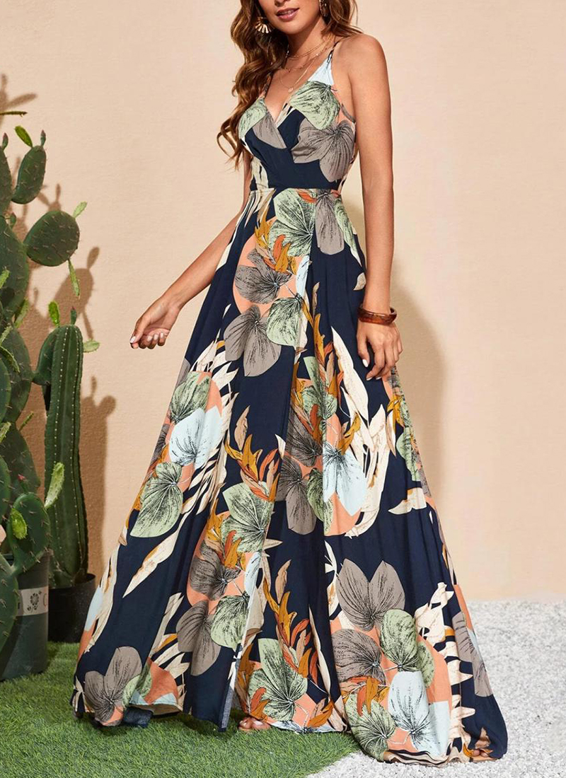 Tropical Print Drawstring Split Thigh Backless Halter Dress（BUY 2 FREE SHIPPING)