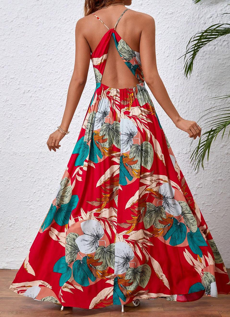 Tropical Print Drawstring Split Thigh Backless Halter Dress（BUY 2 FREE SHIPPING)