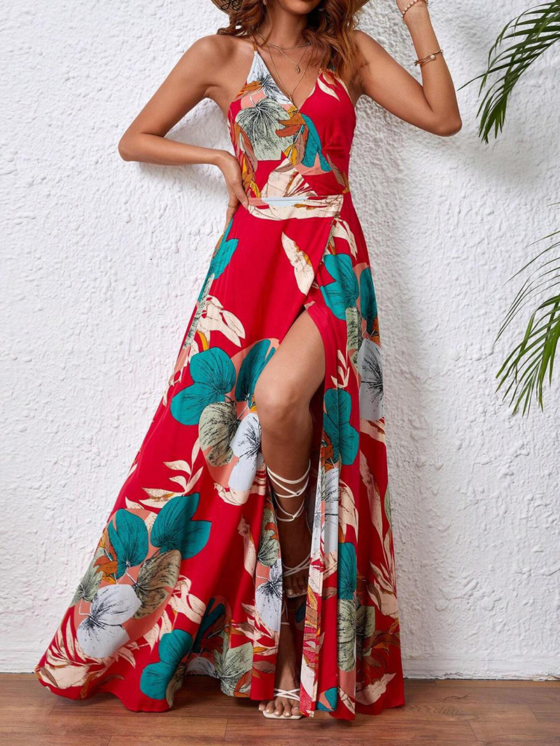 Tropical Print Drawstring Split Thigh Backless Halter Dress（BUY 2 FREE SHIPPING)