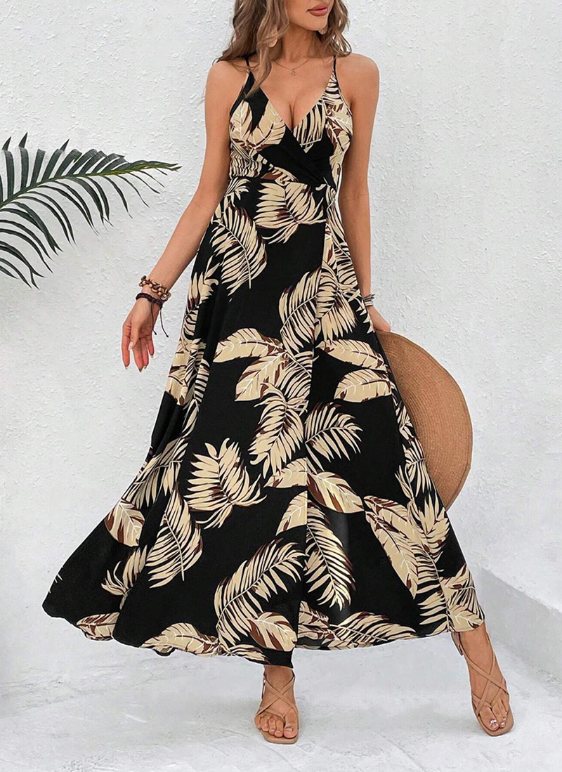 Tropical Print Drawstring Split Thigh Backless Halter Dress（BUY 2 FREE SHIPPING)