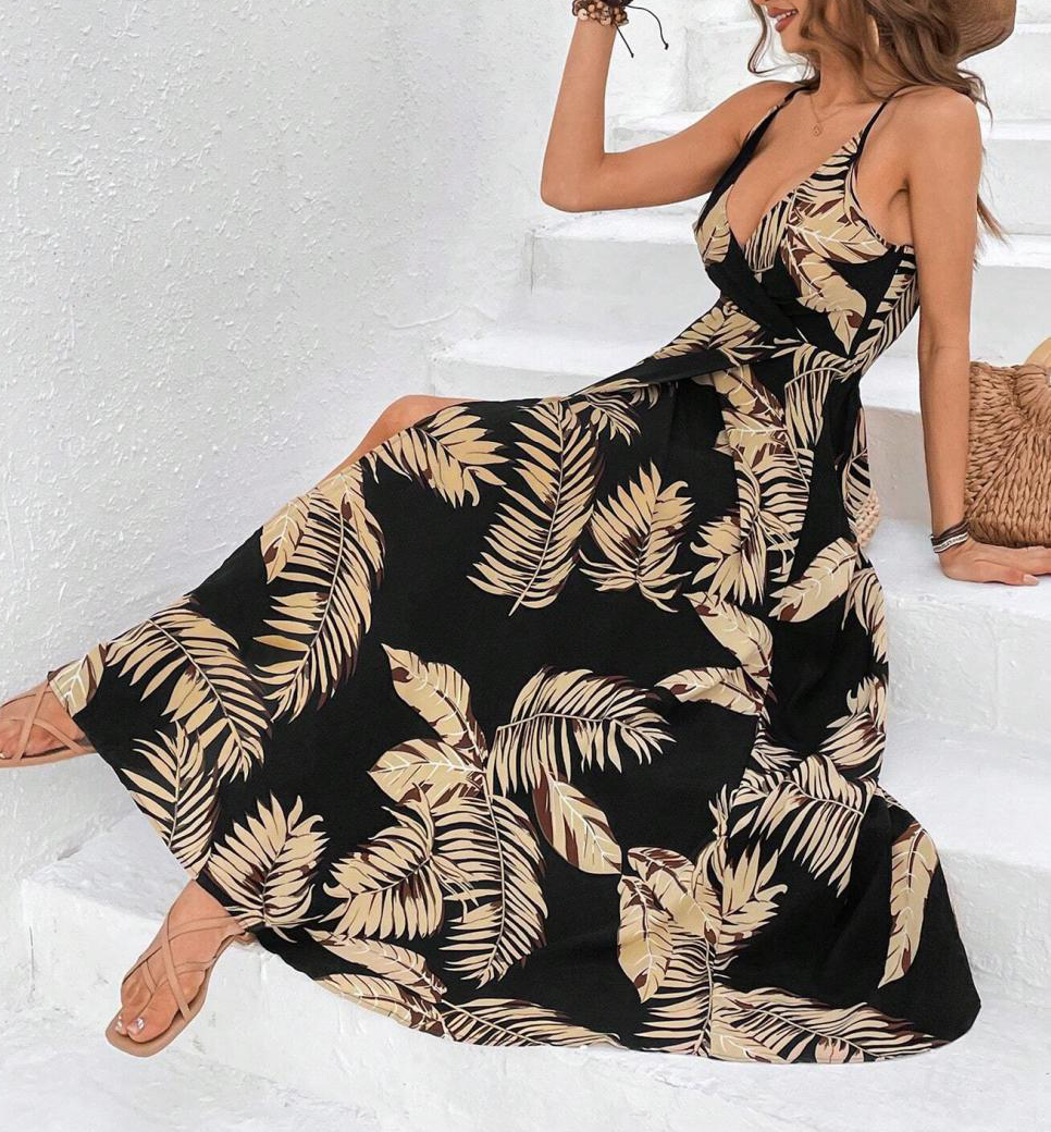 Tropical Print Drawstring Split Thigh Backless Halter Dress（BUY 2 FREE SHIPPING)