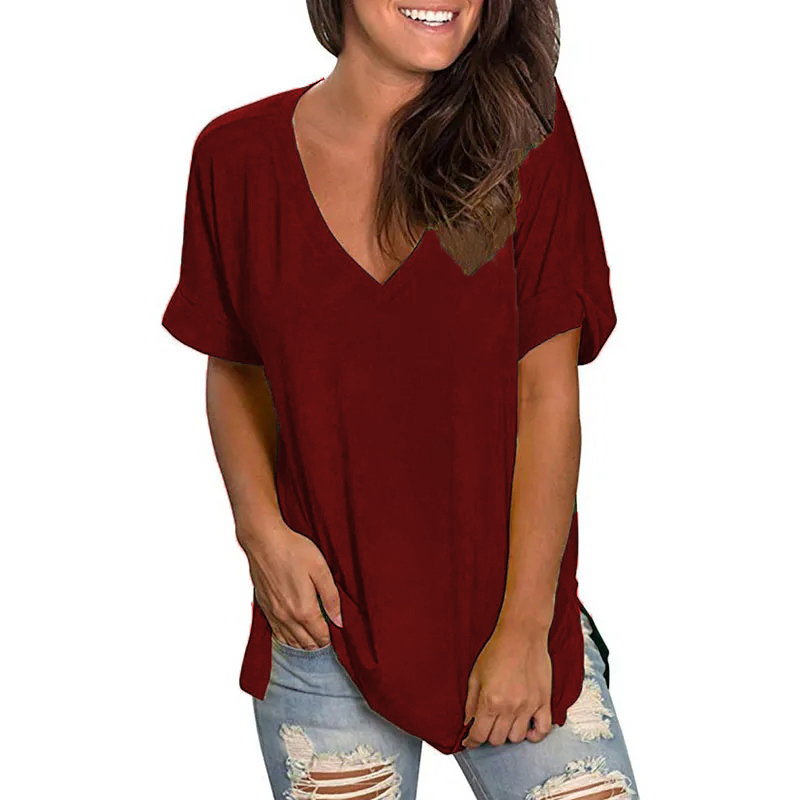 2023 Summer New V-Neck Side Slit Cotton T-Shirt