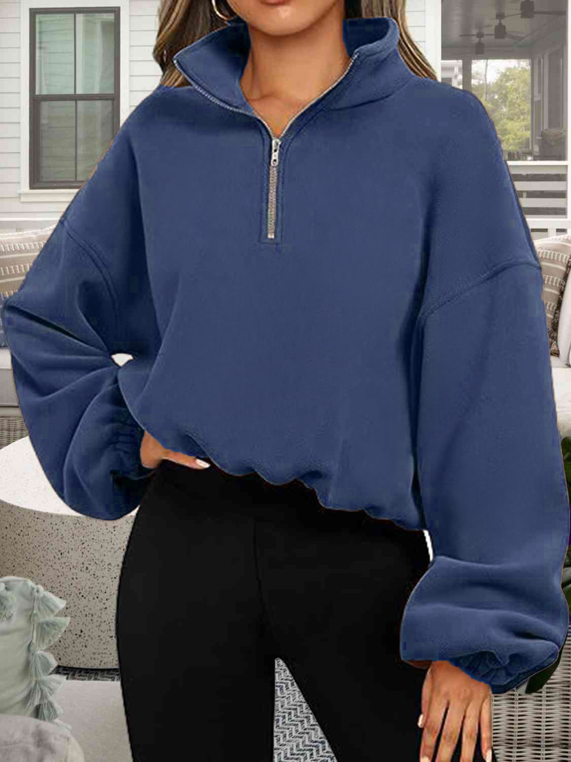 Women Sweatshirt Half Zip Pullover Cropped Loose Fit Winter Warm Stand Collar Tops