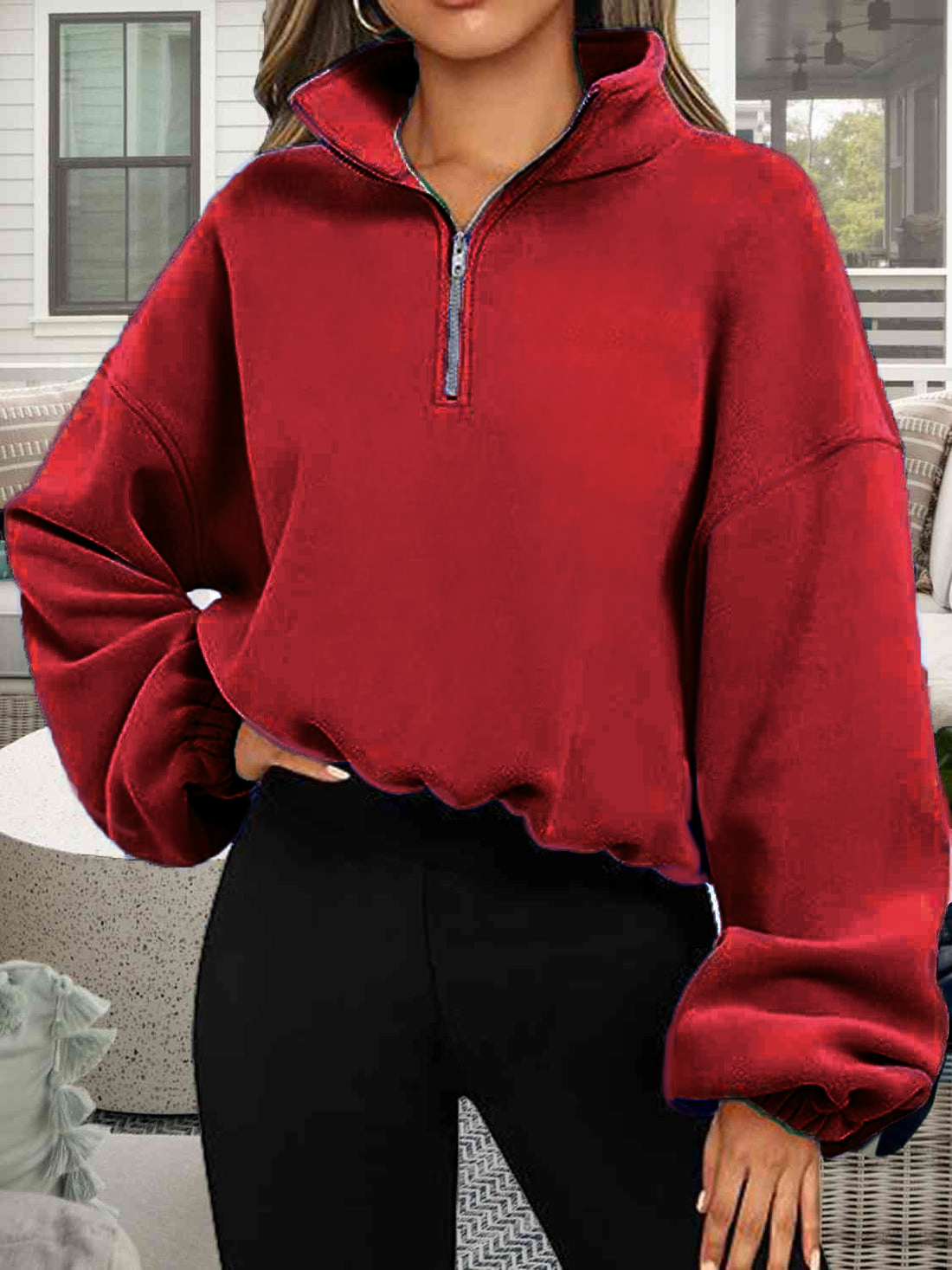 Women Sweatshirt Half Zip Pullover Cropped Loose Fit Winter Warm Stand Collar Tops