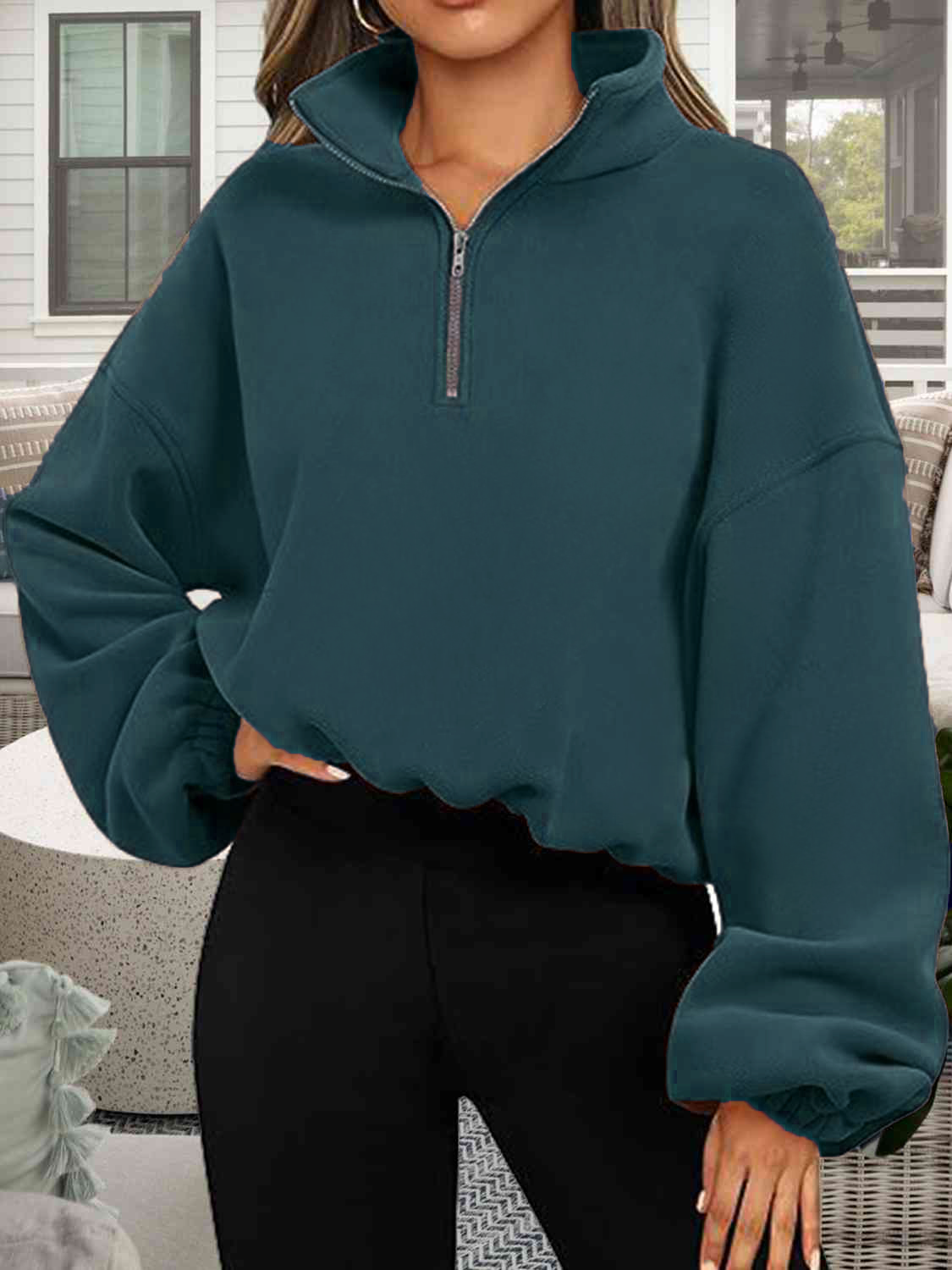 Women Sweatshirt Half Zip Pullover Cropped Loose Fit Winter Warm Stand Collar Tops