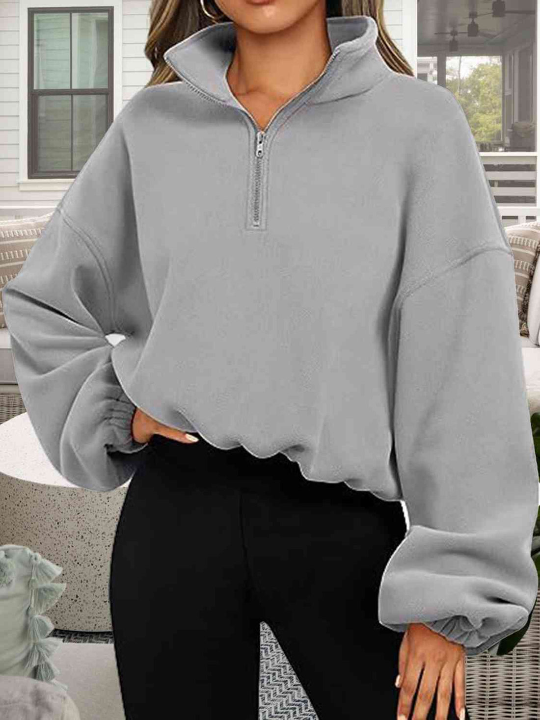 Women Sweatshirt Half Zip Pullover Cropped Loose Fit Winter Warm Stand Collar Tops