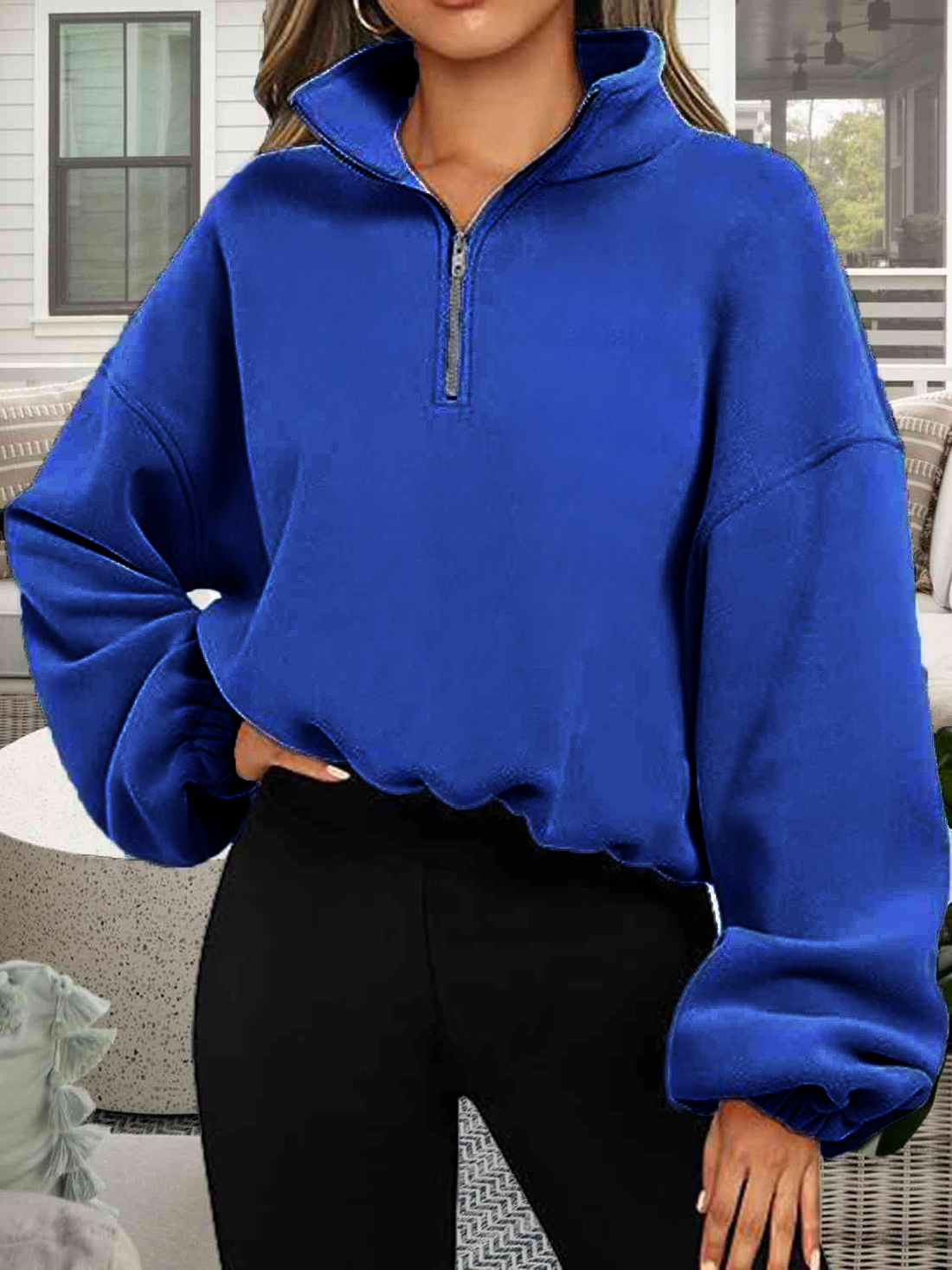 Women Sweatshirt Half Zip Pullover Cropped Loose Fit Winter Warm Stand Collar Tops