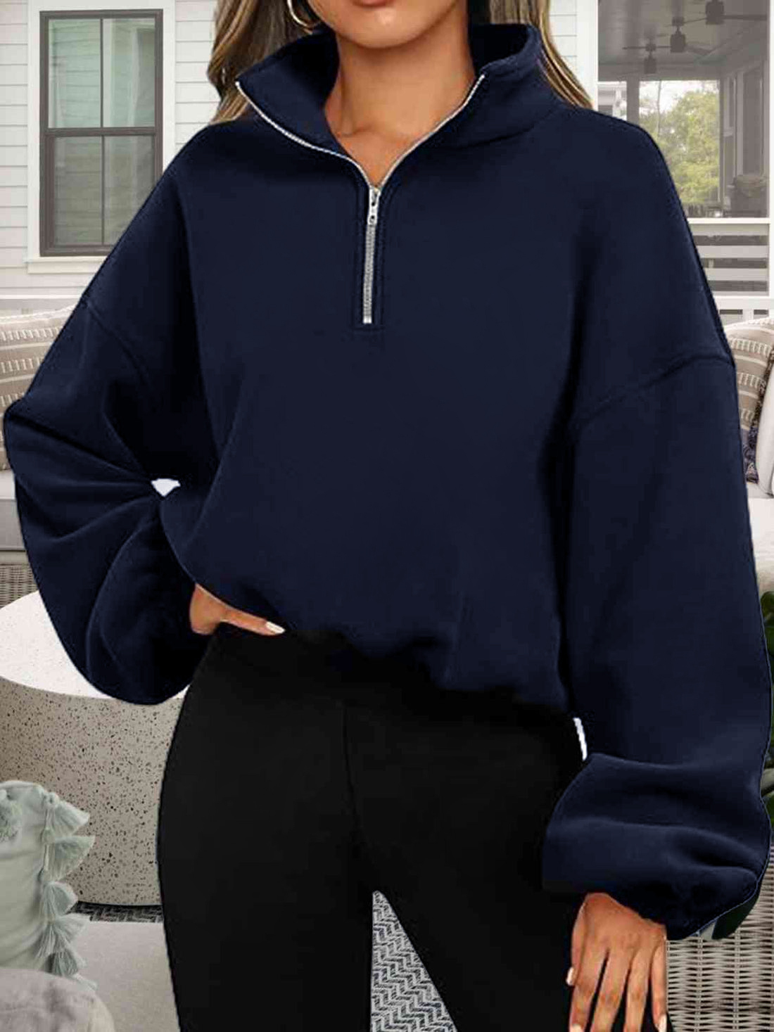 Women Sweatshirt Half Zip Pullover Cropped Loose Fit Winter Warm Stand Collar Tops