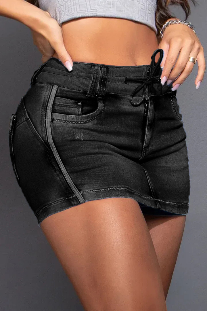 Midiross Drawstring Contrast Binding Ripped High Waist Denim Skort