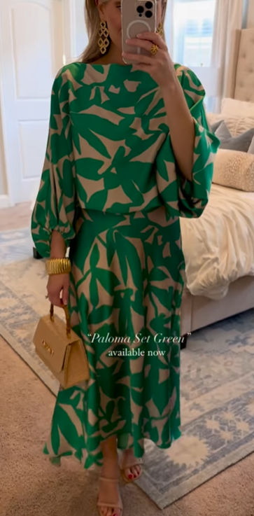 Temperament Printed Lantern Sleeves Casual Dress Set