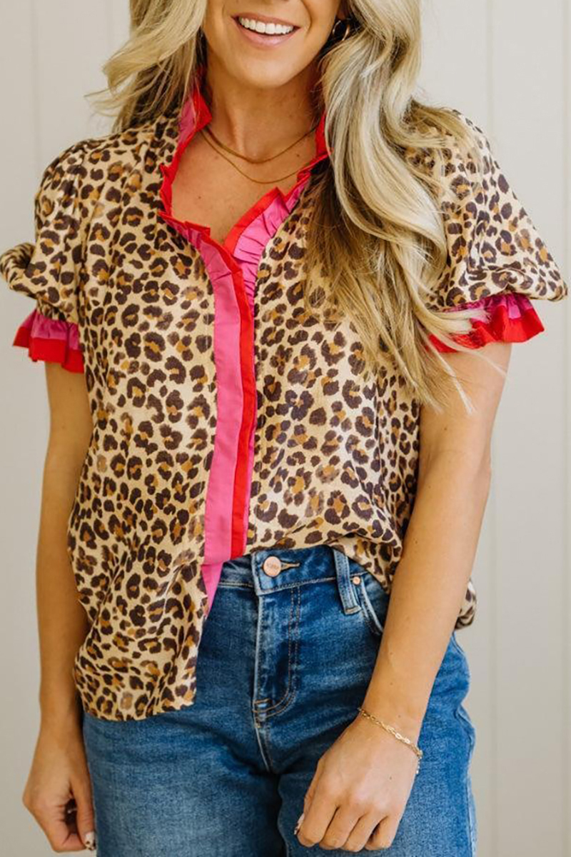 Portia Leopard Contrast Trim Short Sleeve Top