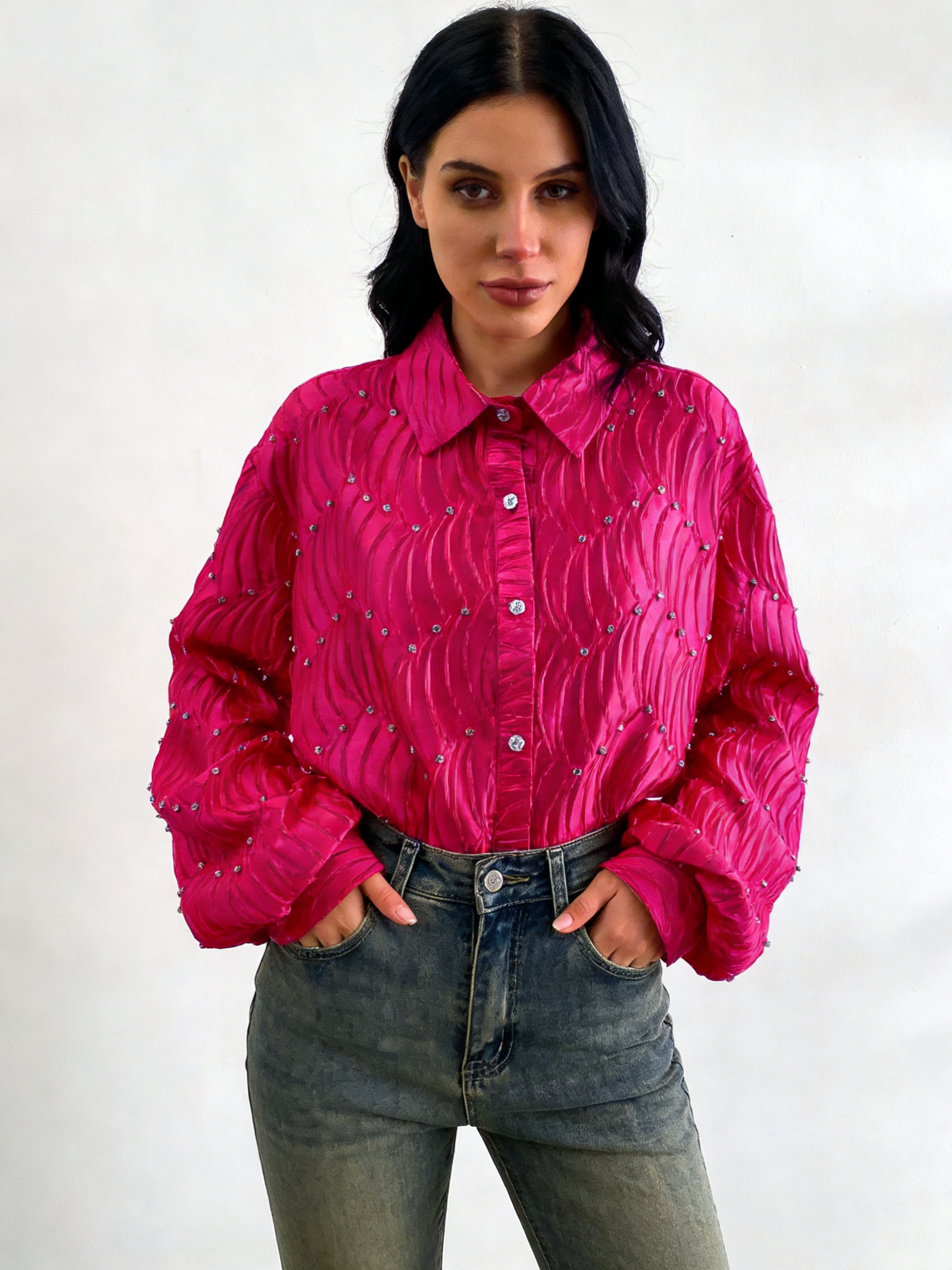 Silk satin textured water ripple pleated loose-fitting rhinestone long-sleeved shirt（BUY 2 FREE SHIPPING)