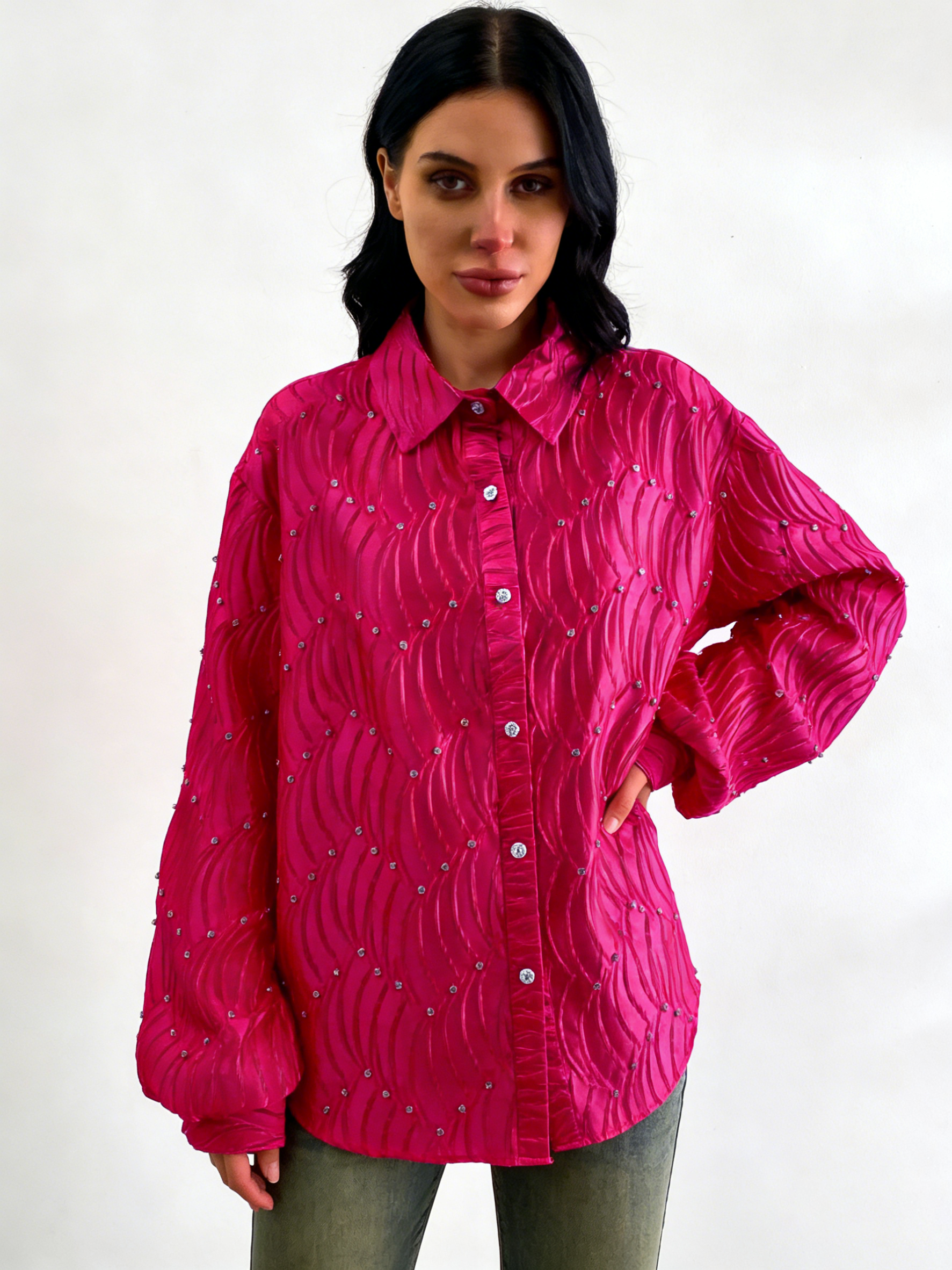 Silk satin textured water ripple pleated loose-fitting rhinestone long-sleeved shirt（BUY 2 FREE SHIPPING)