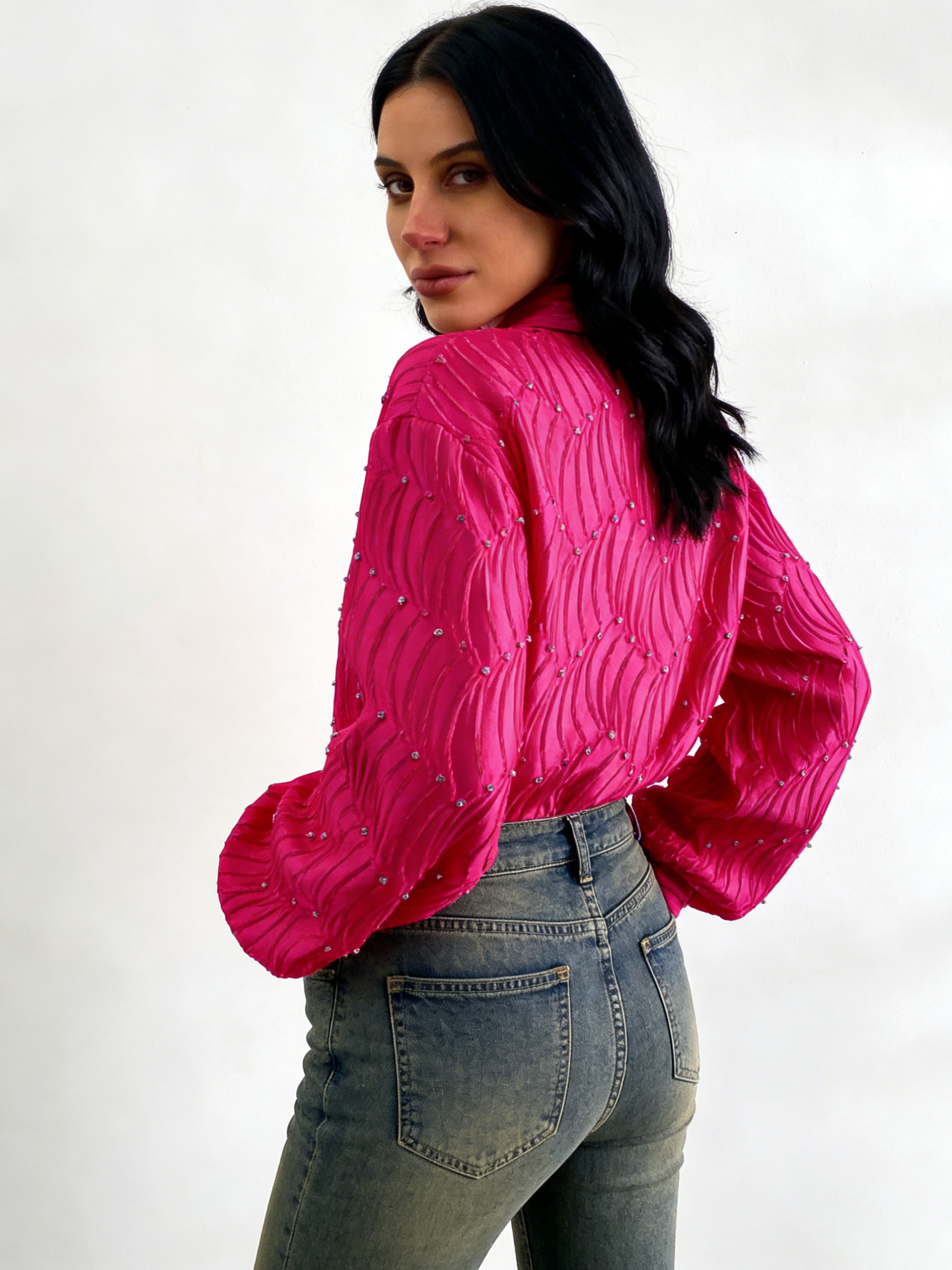 Silk satin textured water ripple pleated loose-fitting rhinestone long-sleeved shirt（BUY 2 FREE SHIPPING)