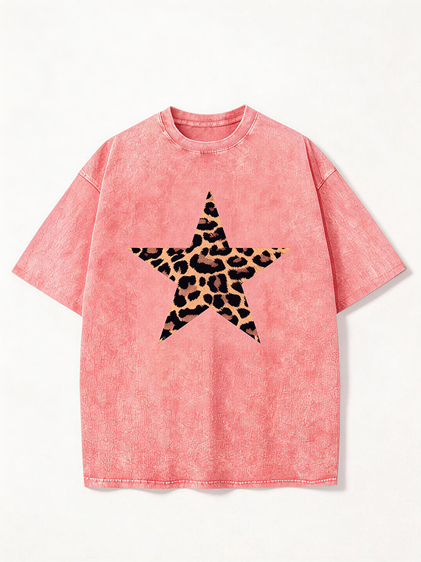 Acid-washed leopard print star short-sleeved shirt（BUY 2 FREE SHIPPING)