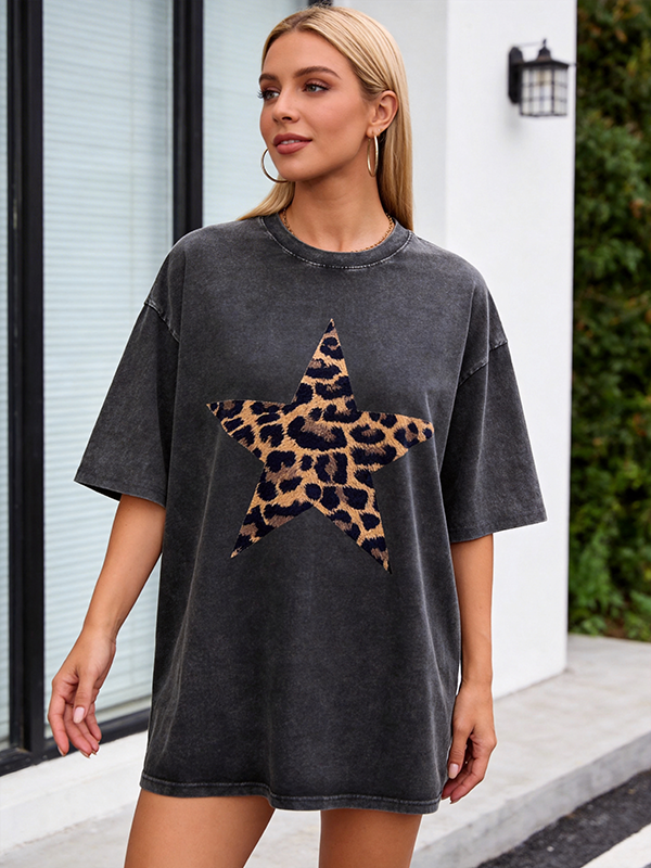 Acid-washed leopard print star short-sleeved shirt（BUY 2 FREE SHIPPING)