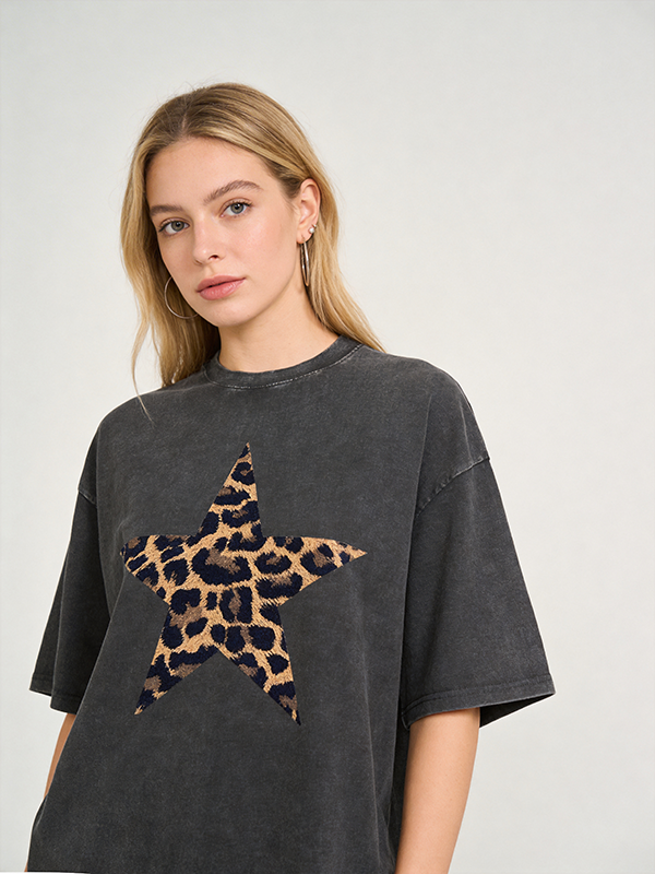 Acid-washed leopard print star short-sleeved shirt（BUY 2 FREE SHIPPING)