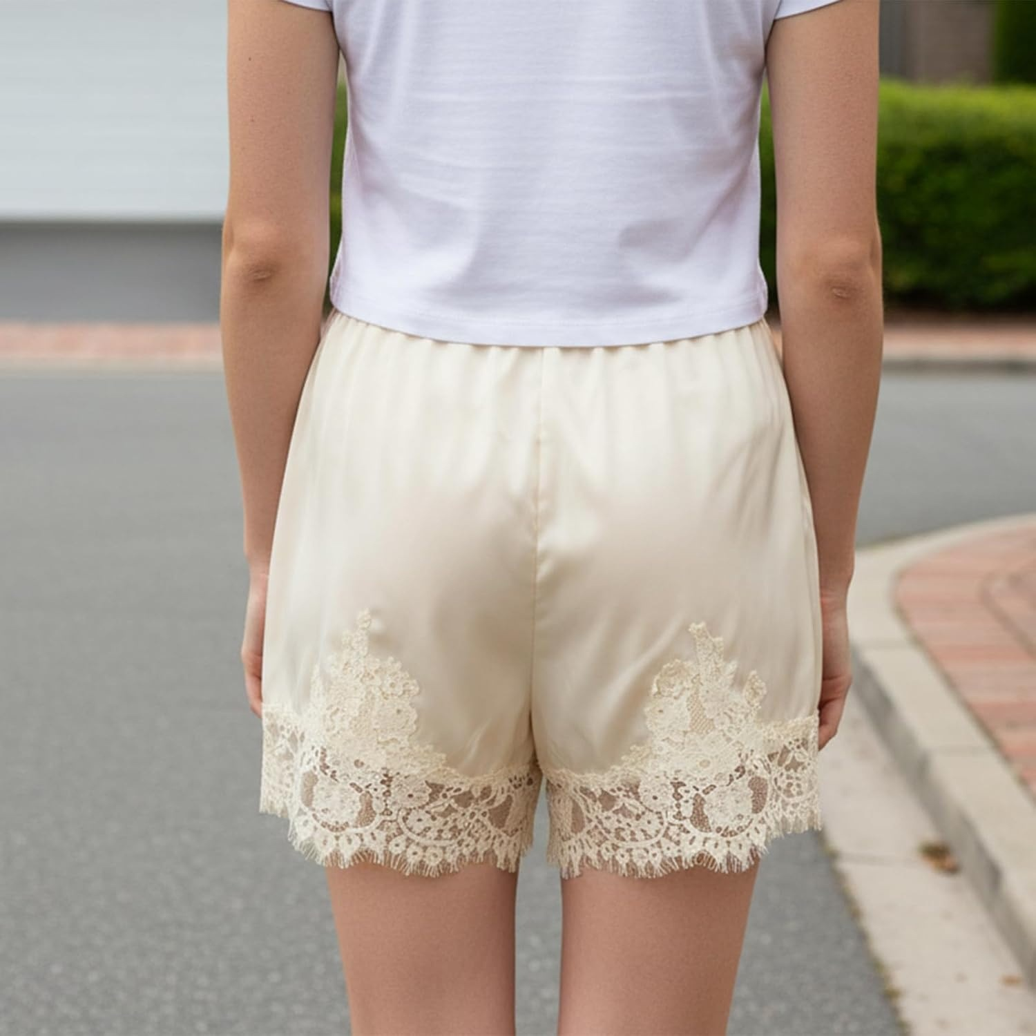 Women's Satin Lace Trim Shorts