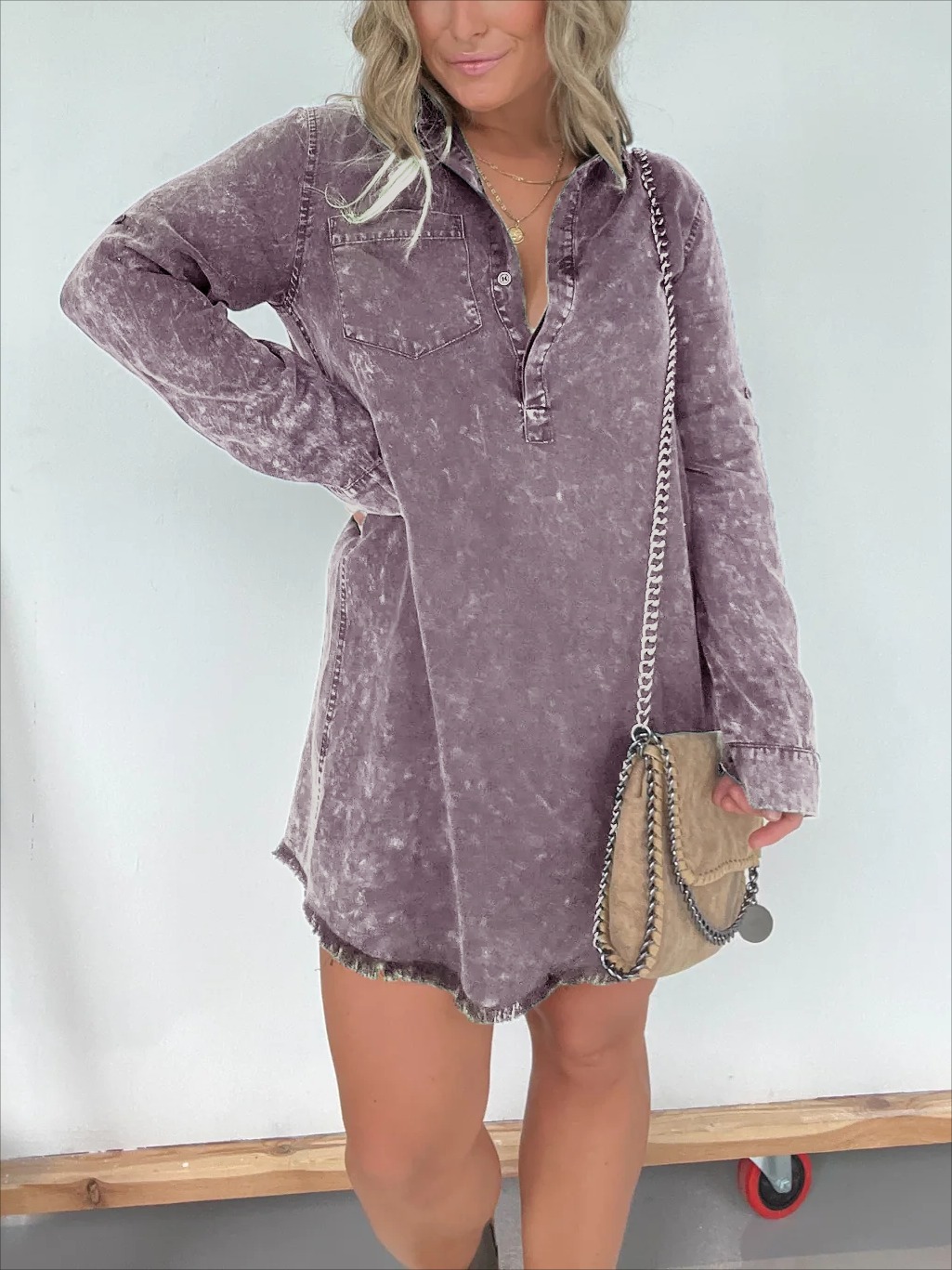 LONG SLEEVE DENIM WASHED SHIRT DRESS (BUY 2 FREE SHIPPING)