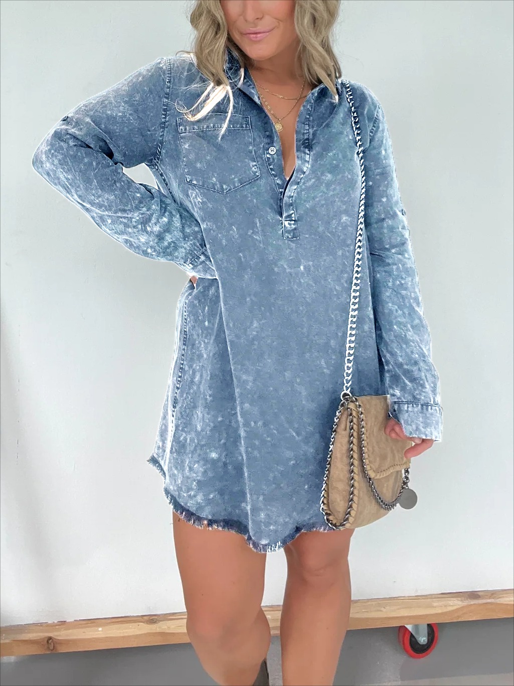 LONG SLEEVE DENIM WASHED SHIRT DRESS (BUY 2 FREE SHIPPING)
