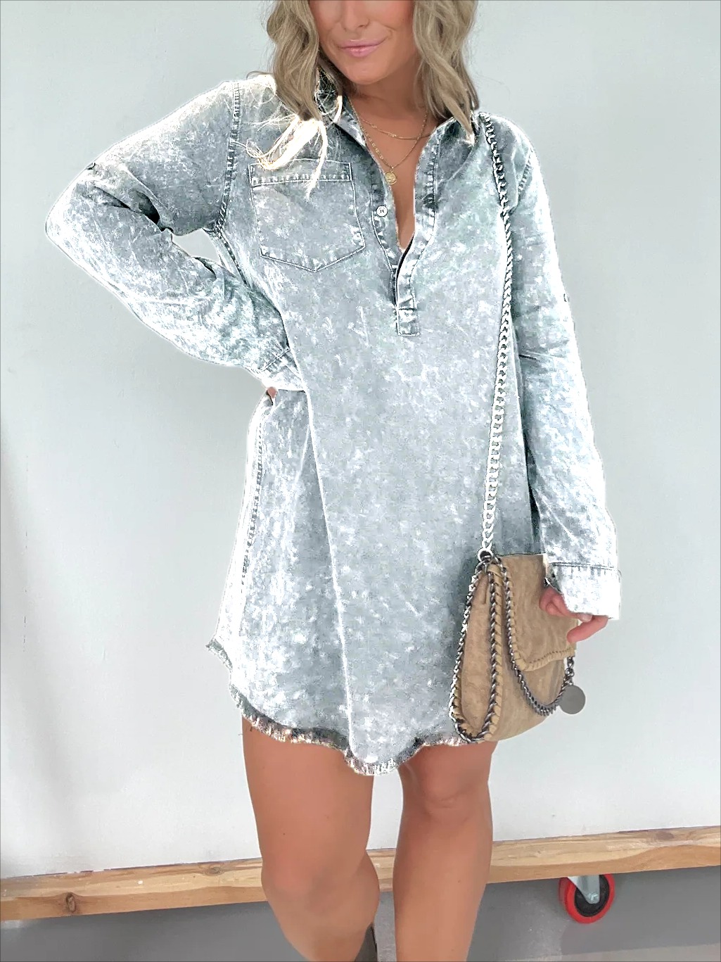 LONG SLEEVE DENIM WASHED SHIRT DRESS (BUY 2 FREE SHIPPING)