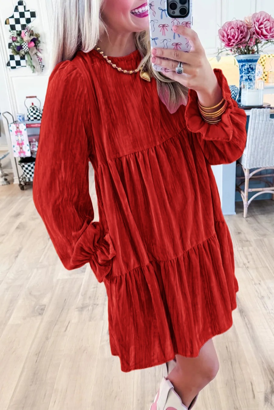 Women's Velvet Dress Gorgeous Pink Luxury Dress with Pockets