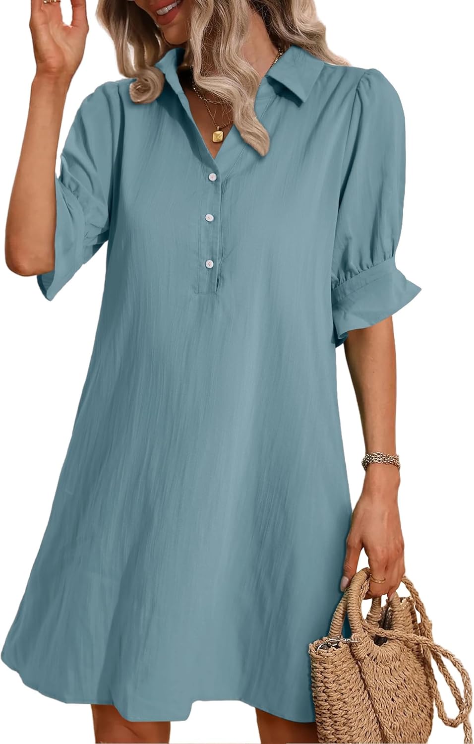 Women's Solid Ruffle Sleeve Button Down Shirt Dress (Buy 2 Free Shipping)