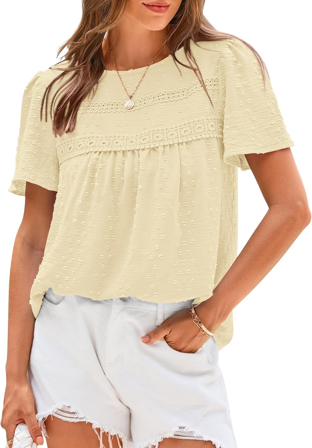 Women's Swiss Dot Lace Crochet Crewneck Boho Short Sleeves(Buy 2 Free Shipping)