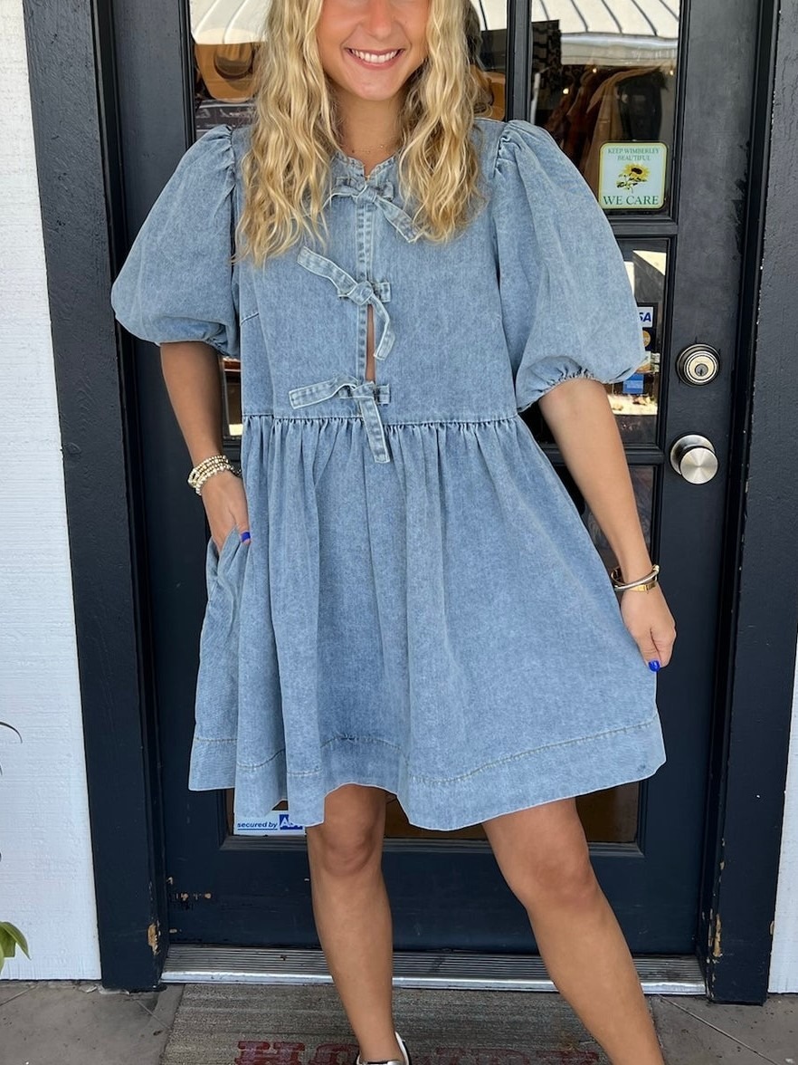 💝💝Bow Tie Puff Sleeve Denim Dress(Buy 2 Free Shipping)