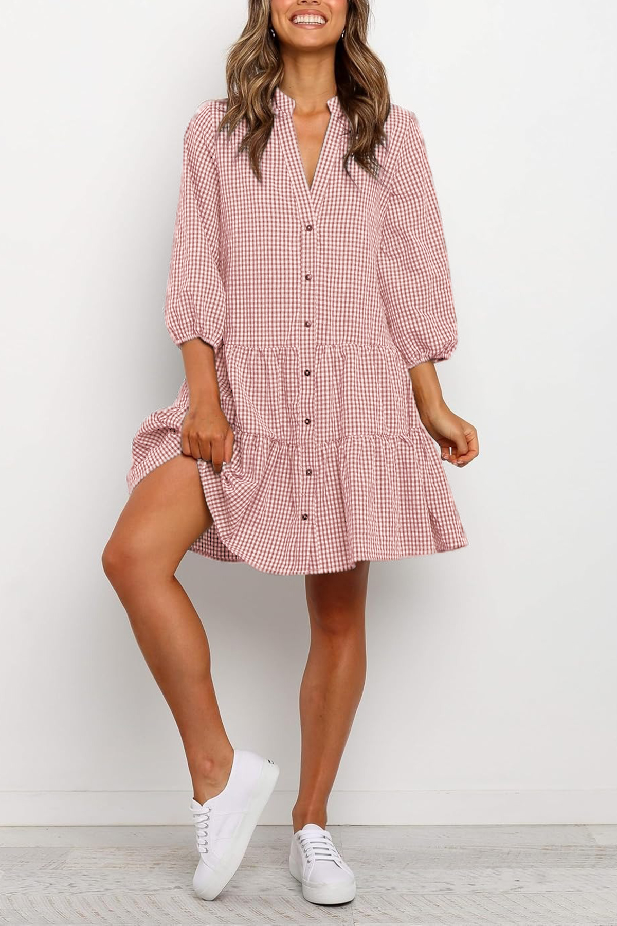 Women's Plaid Shirt Dress 3/4 Puff Sleeve Button Down Midi Dress(BUY 2 FREE SHIPPING)