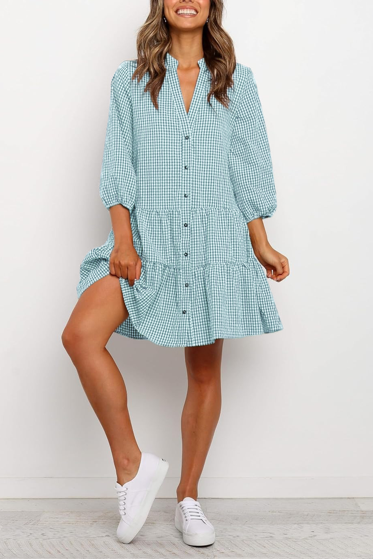 Women's Plaid Shirt Dress 3/4 Puff Sleeve Button Down Midi Dress(BUY 2 FREE SHIPPING)