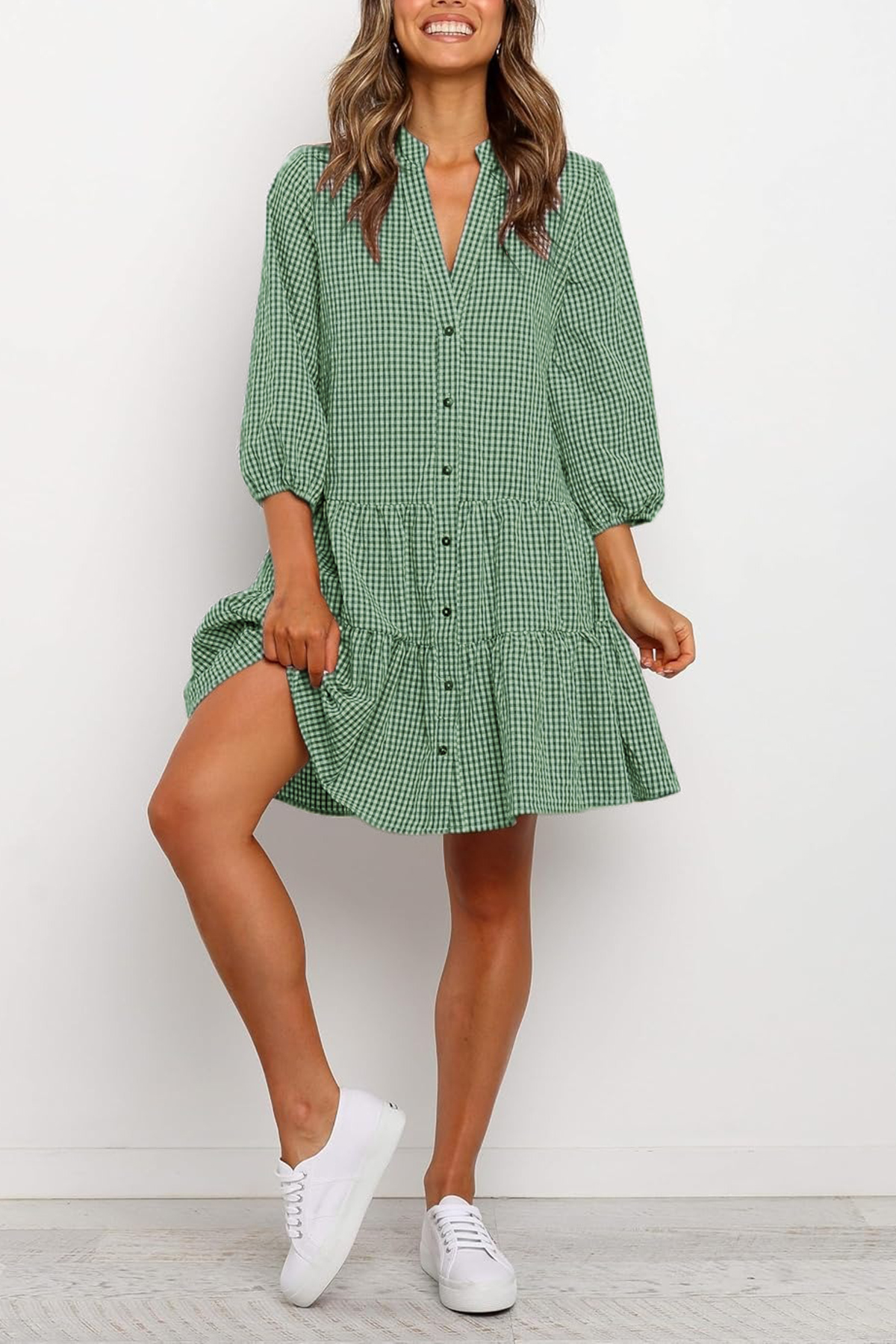 Women's Plaid Shirt Dress 3/4 Puff Sleeve Button Down Midi Dress(BUY 2 FREE SHIPPING)