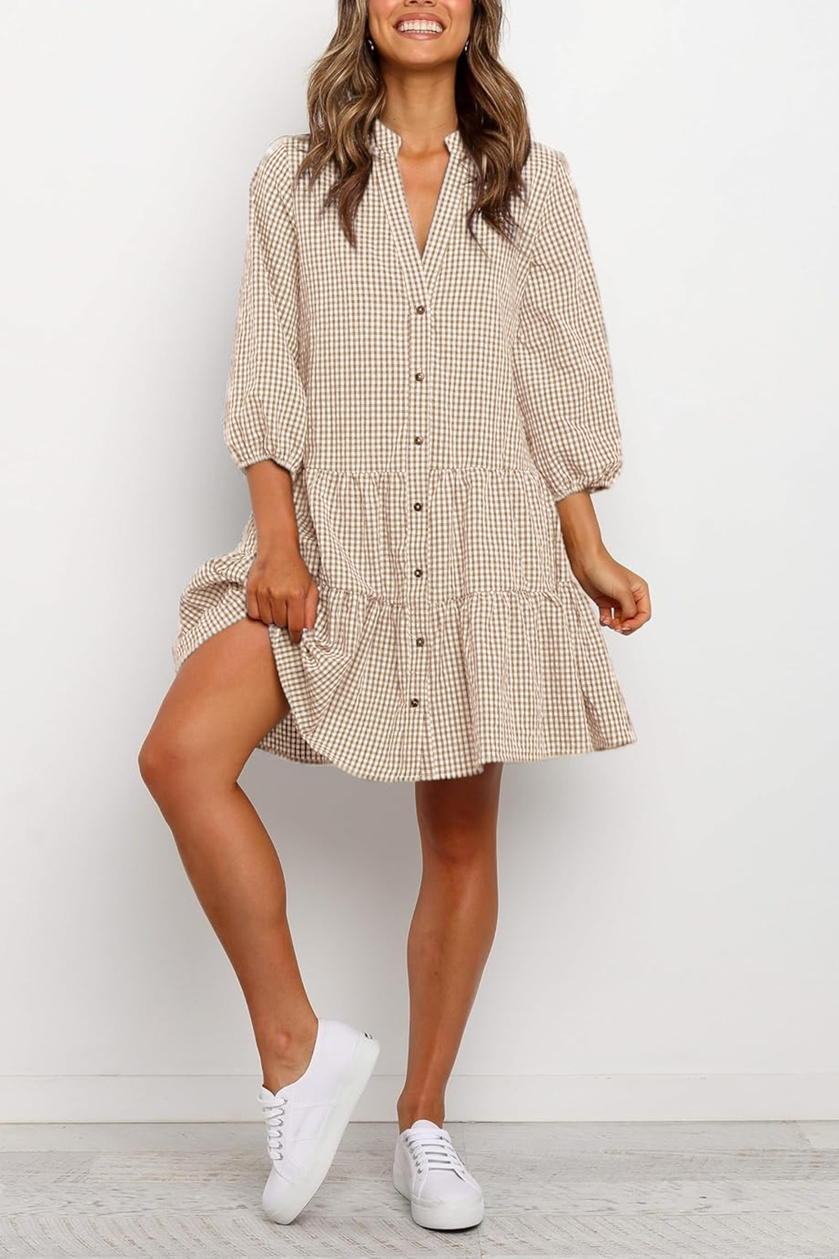 Women's Plaid Shirt Dress 3/4 Puff Sleeve Button Down Midi Dress(BUY 2 FREE SHIPPING)
