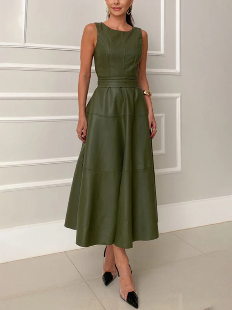 Sleeveless Fitted Leather Belted Solid Color Midi Dress(BUY 2 FREE SHIPPING)