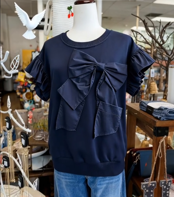 Solid Color Bow Decor Playful Ruffle Sleeve T-Shirt(BUY 2 FREE SHIPPING)