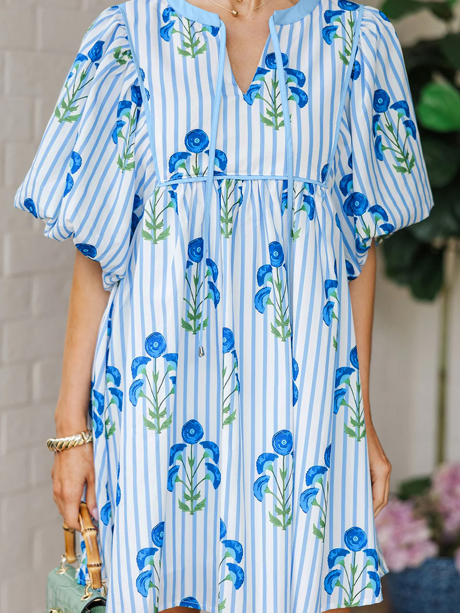 Women's Blue Floral Stripe Puff Sleeve Mini Dress