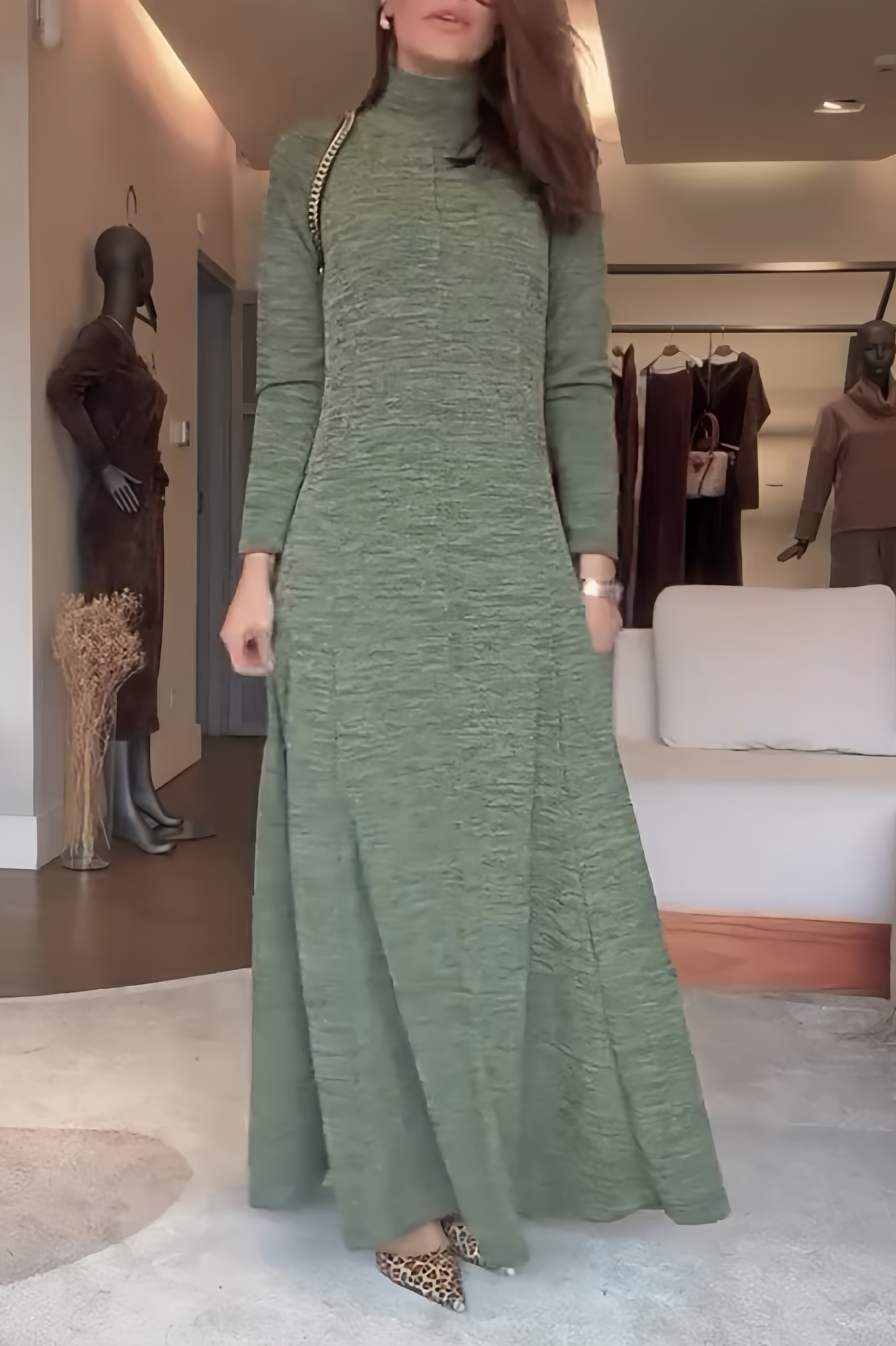 High Neck Long Sleeve Ribbed Dress（BUY 2 FREE SHIPPING)