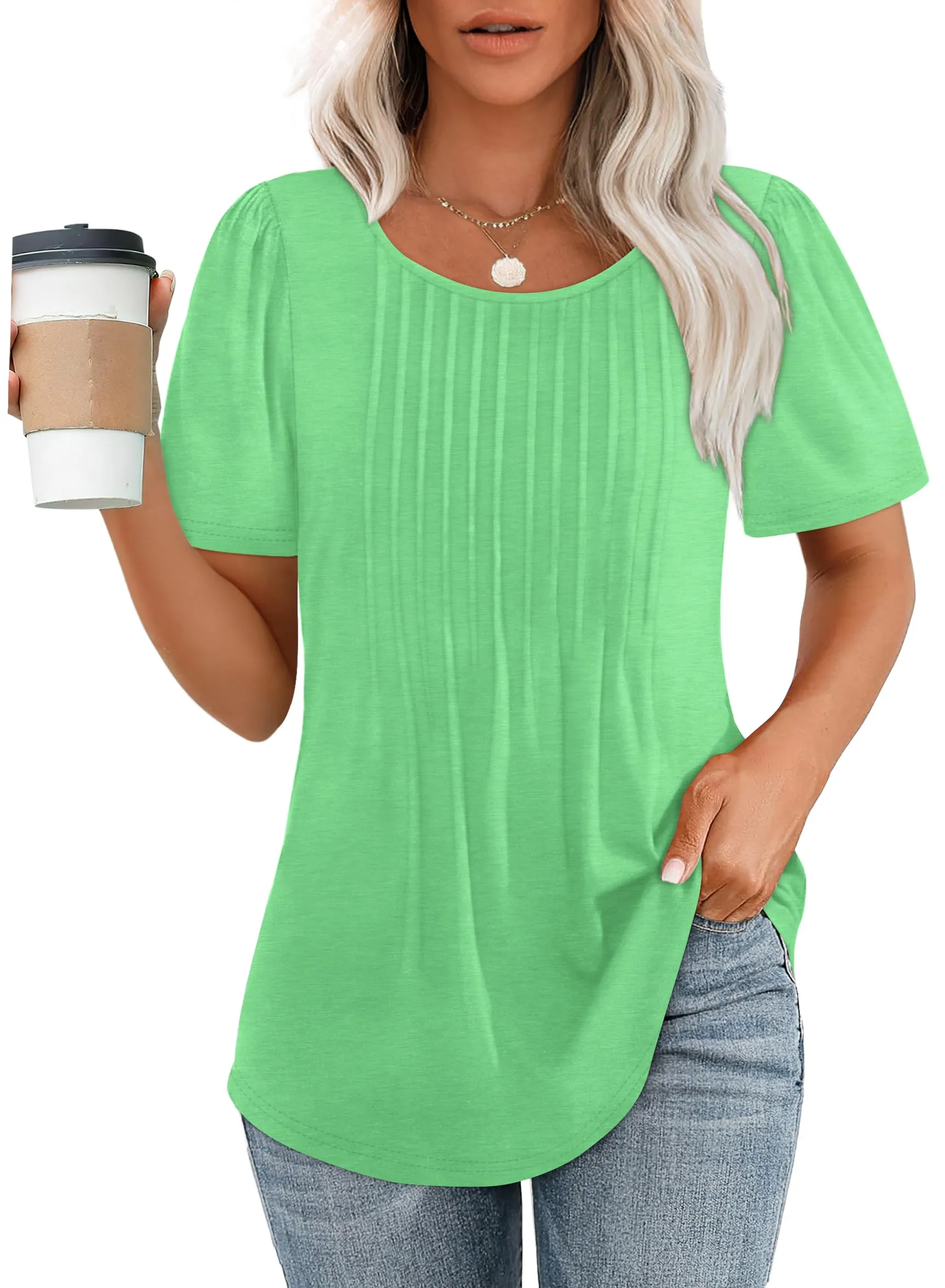 🔥🔥🔥🔥Women's Short Sleeve Pleated Dressy Casual Scooped Neck Tops