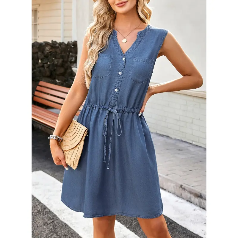 Women's 2026 Summer V-neck Sleeveless Buttoned Drawstring Dress（buy 2 free shipping）