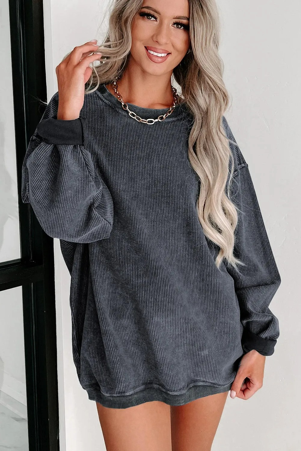 Women's Solid Color Ribbed Knit Round Neck Pullover Sweatshirt (Buy 2 Free Shipping)