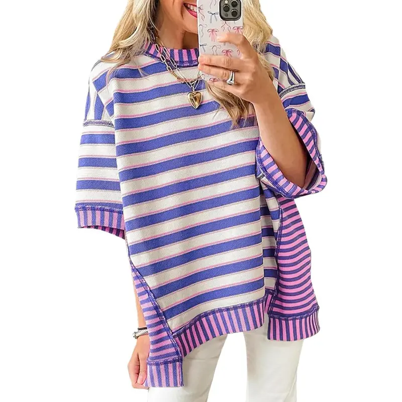 Women's loose striped shirt, summer short-sleeved top, crew neck sweatshirt, casual shirt（BUY 2 FREE SHIPPING)