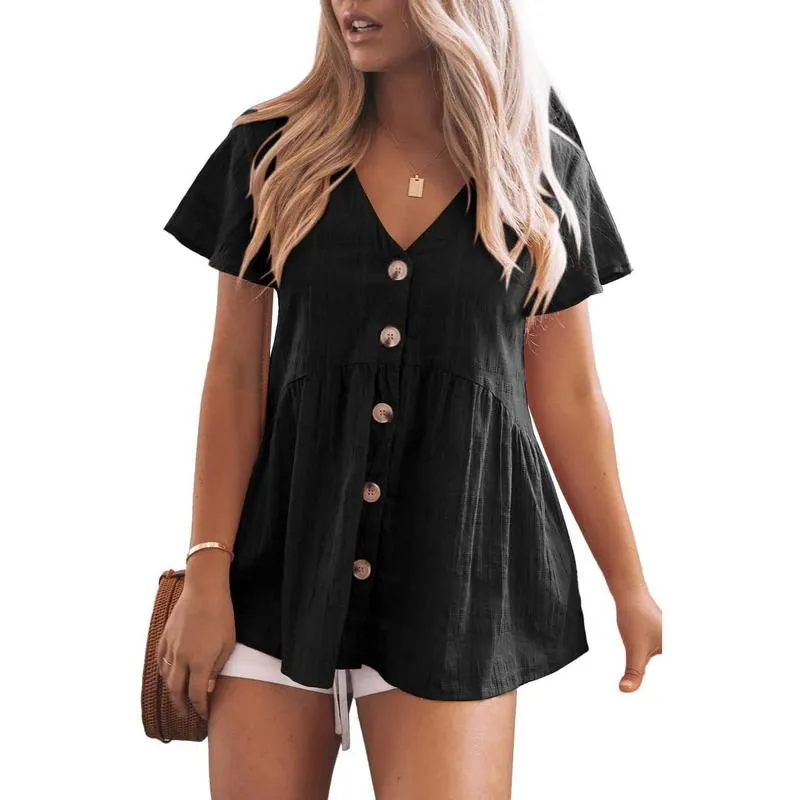 Women's short-sleeved V-neck shirt, button-down, loose and casual babydoll style with ruffled hem.