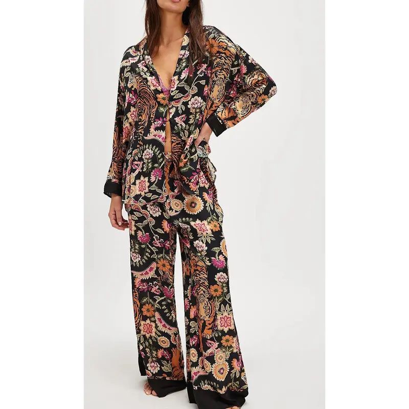 Women’s Loungewear Sleepwear Set Printed Long Sleeve Lapel Button Top & Long Pants